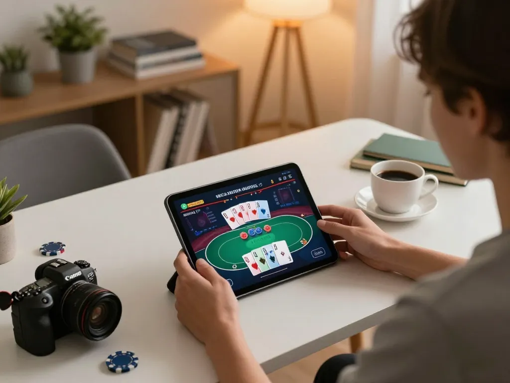 Kuwin player engaging in an online poker game with a tablet in a cozy home setup during evening hours