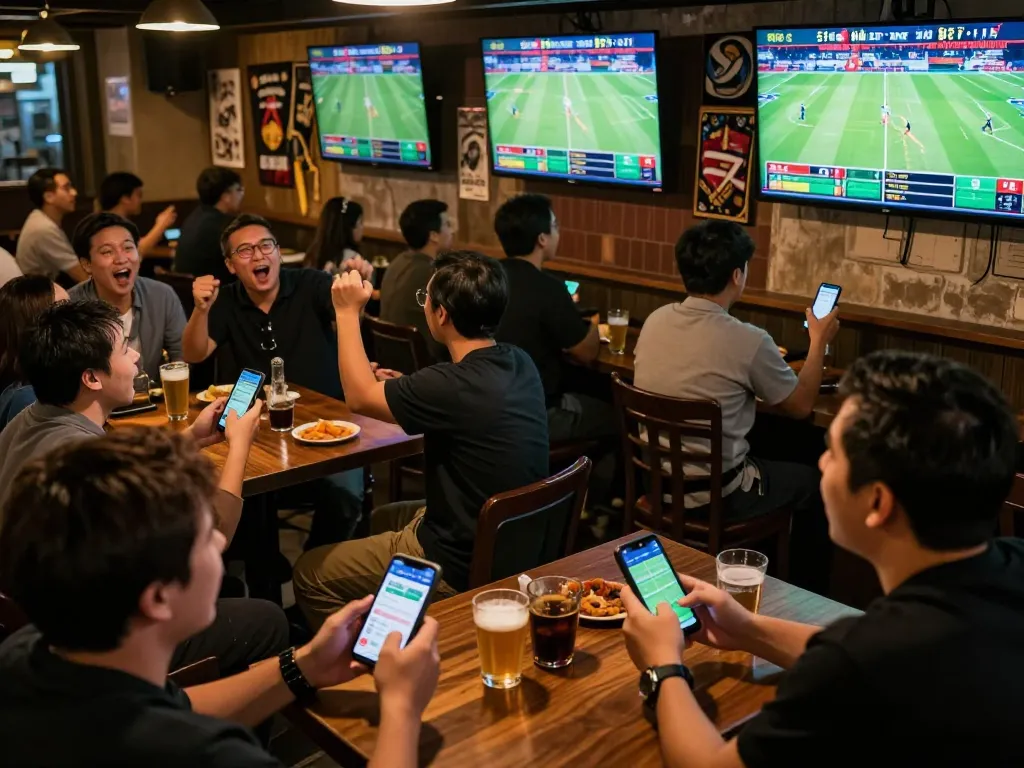 Engaged sports fans placing bets on tỷ lệ kèo nhà cái 5 in lively sports bar atmosphere.