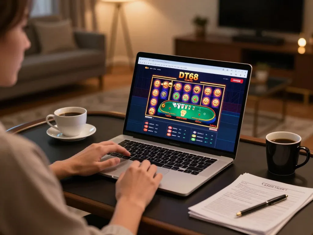 Player enjoying DT68 online slots and poker, showcasing a cozy gaming atmosphere with strategy notes