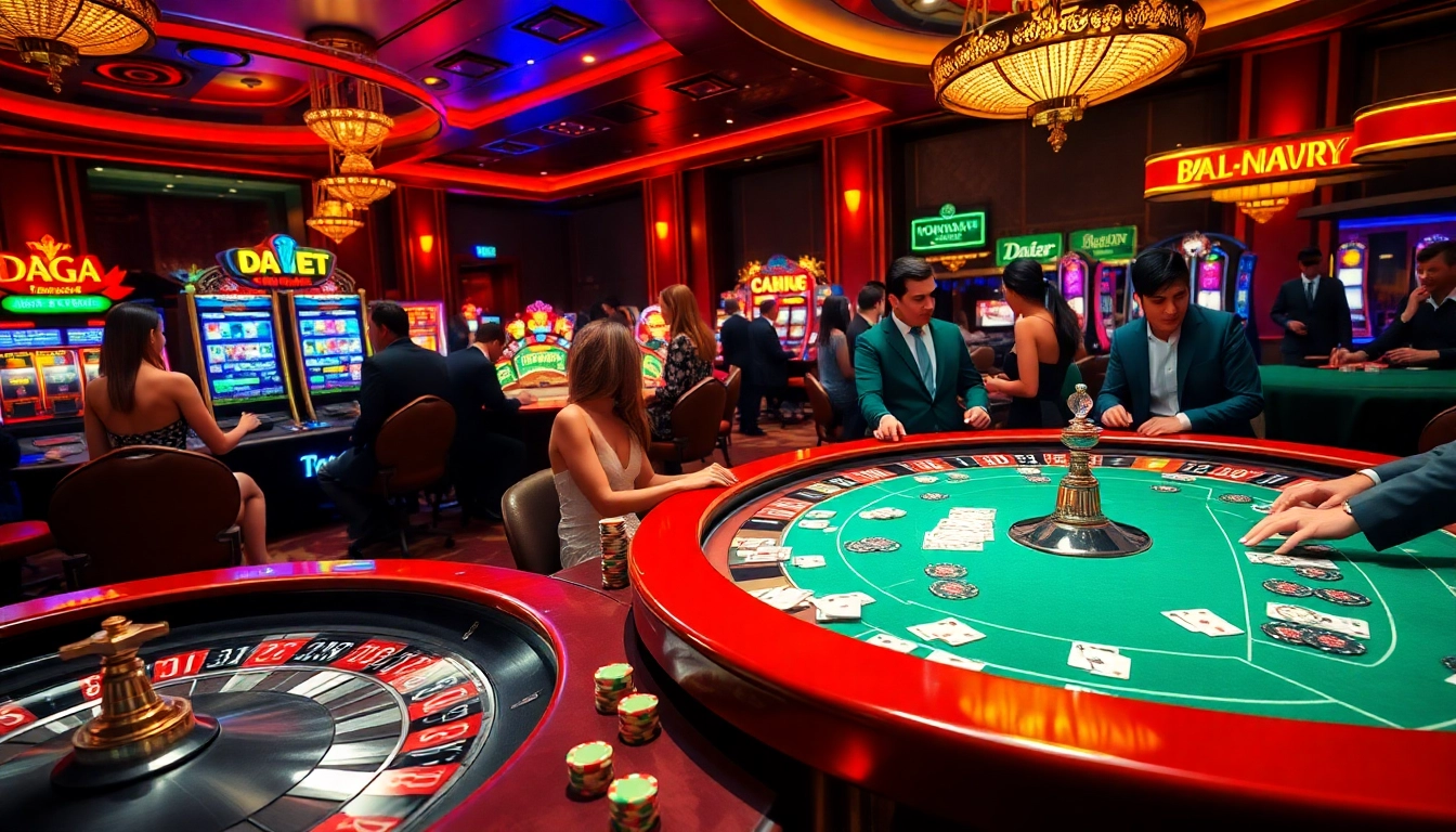 DAGA casino scene featuring an exciting poker game with vibrant chips, roulette wheel, and slot machines.