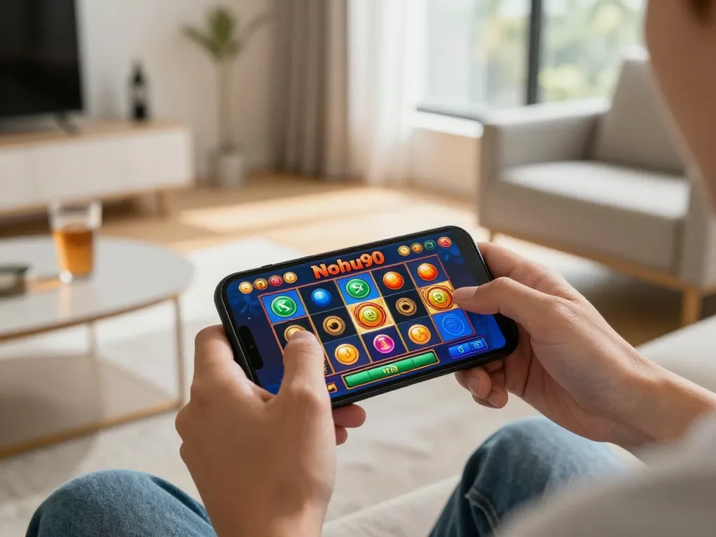 Nohu90 slot game being played on a smartphone in a cozy setting, highlighting responsible gaming.