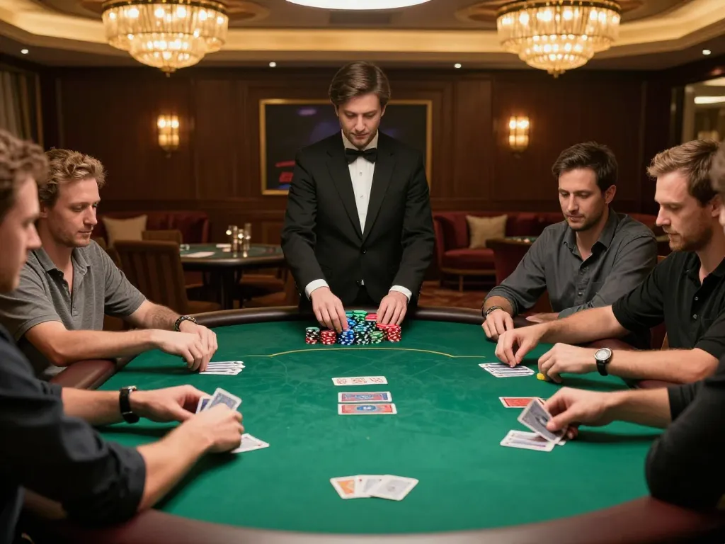open88 players strategizing their moves at a luxurious poker table in an upscale casino setting