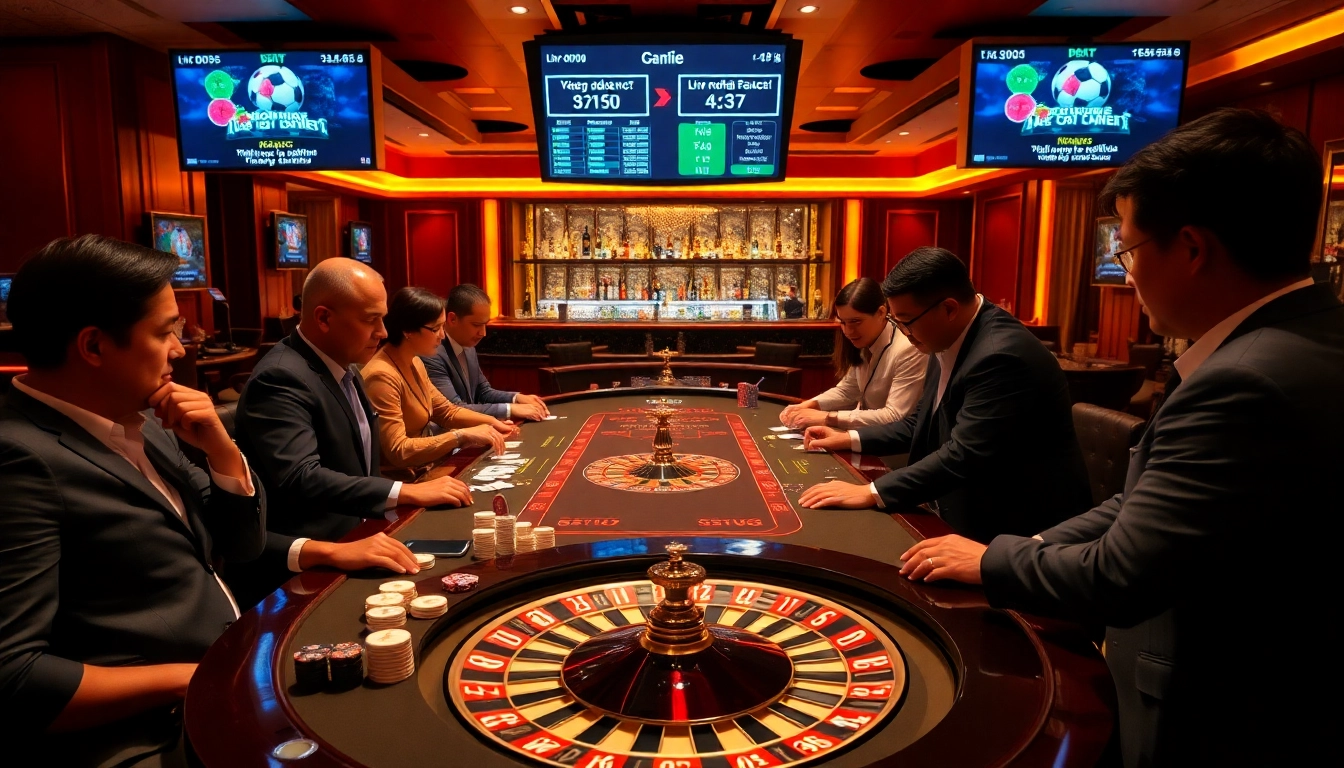 Engaging scene of professional gamblers placing bets on Kèo nhà cái 5 in a luxurious casino setting.
