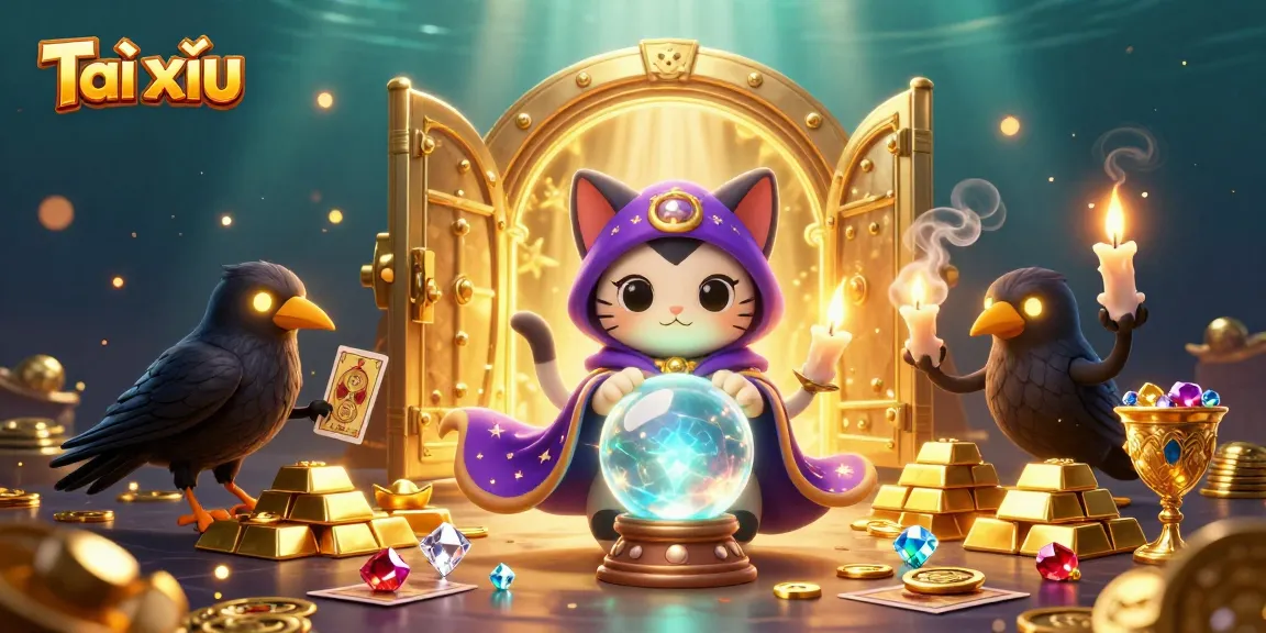 Tài xỉu fortune teller scene filled with gems, gold, and mystical elements in vibrant illustration