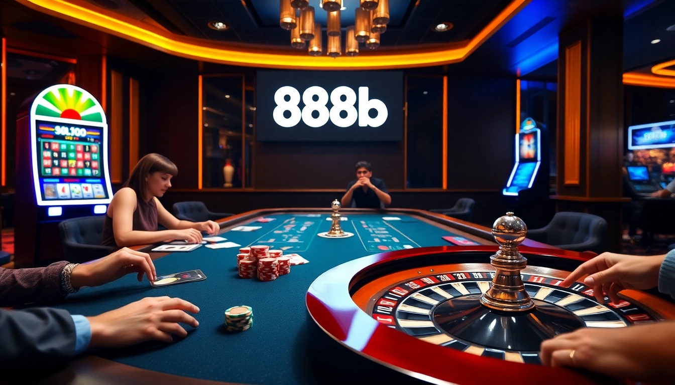 Exciting casino gaming scene featuring 888b logo with poker chips and roulette.