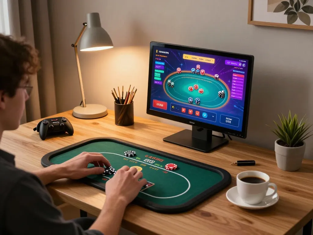 Engaging gaming scene of a player enjoying poker games on the xin88 platform with a modern setup