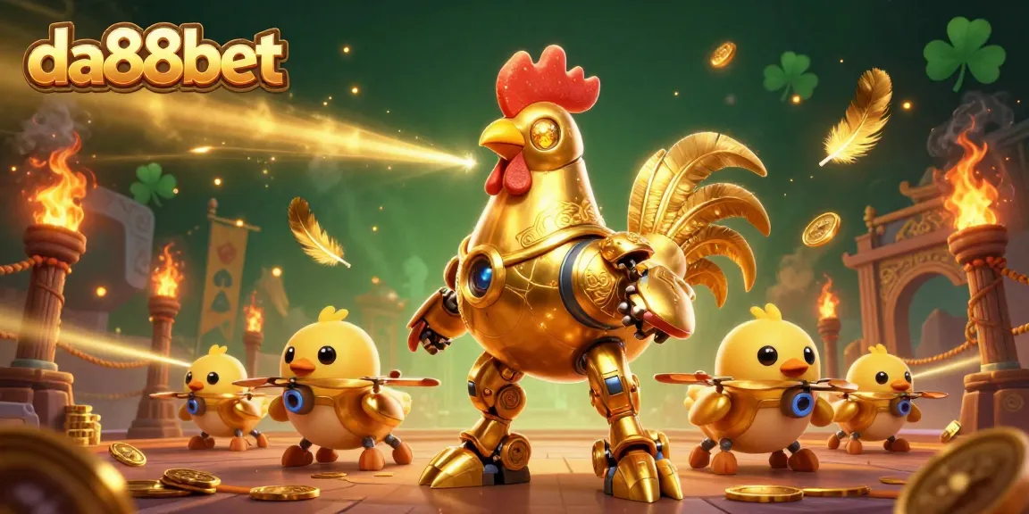 Experience thrilling action with da88bet's golden rooster robot and baby chick drones in a vibrant gambling arena.