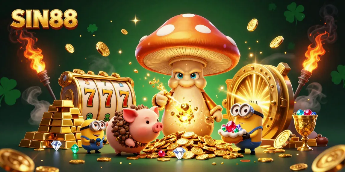 SIN88 offers a magical gaming experience with a golden mushroom wizard uncovering treasures amidst slot reels and sparkling gems.