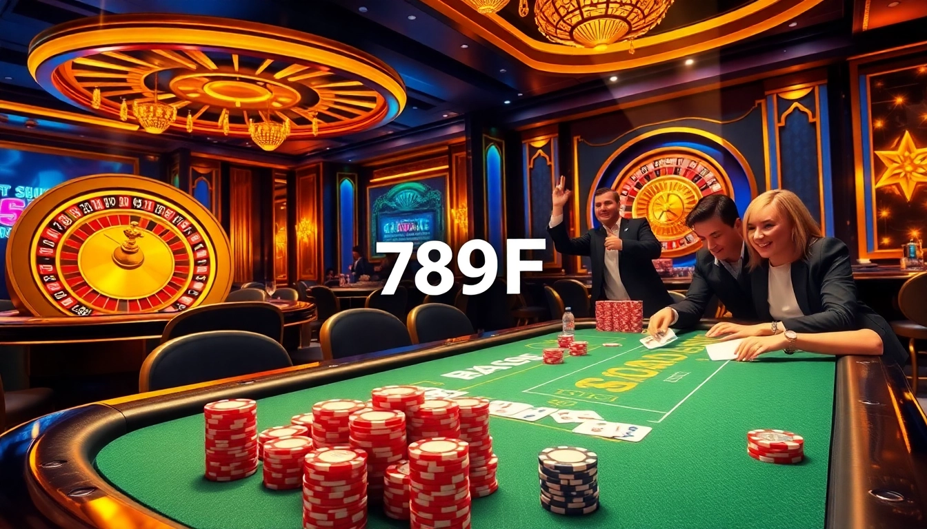 Experience the excitement of 789F with players celebrating wins at a luxurious casino table.