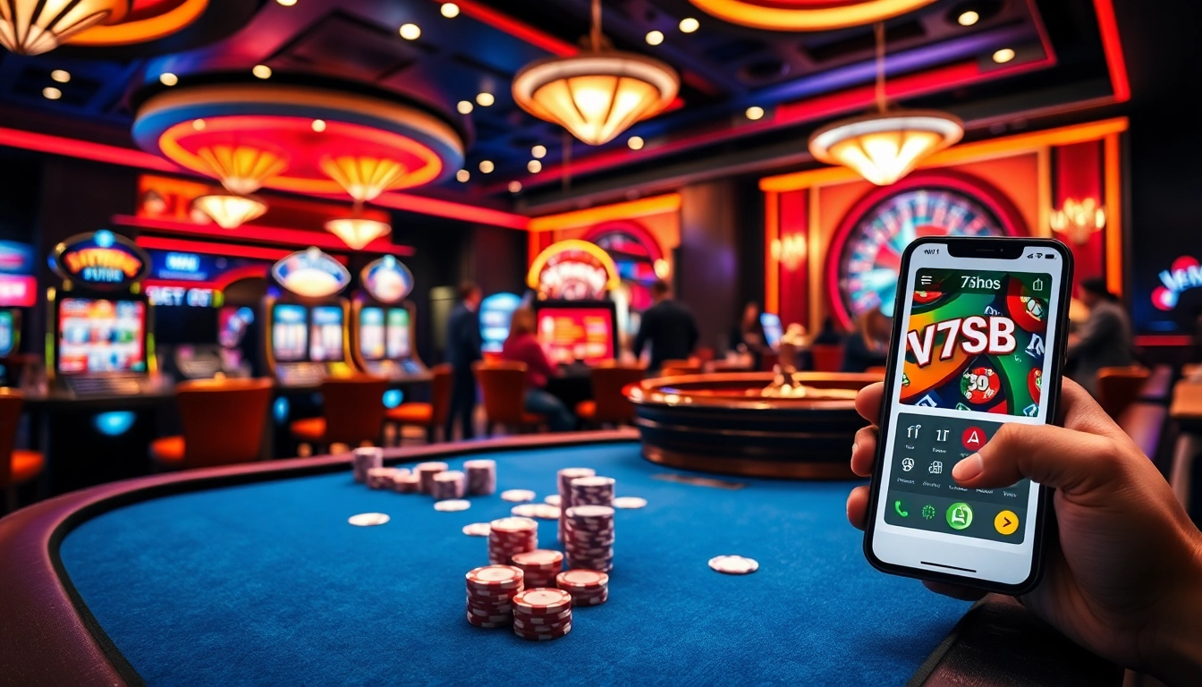 Experience V7SB excitement with a lively casino scene featuring chips and vibrant slot machines.