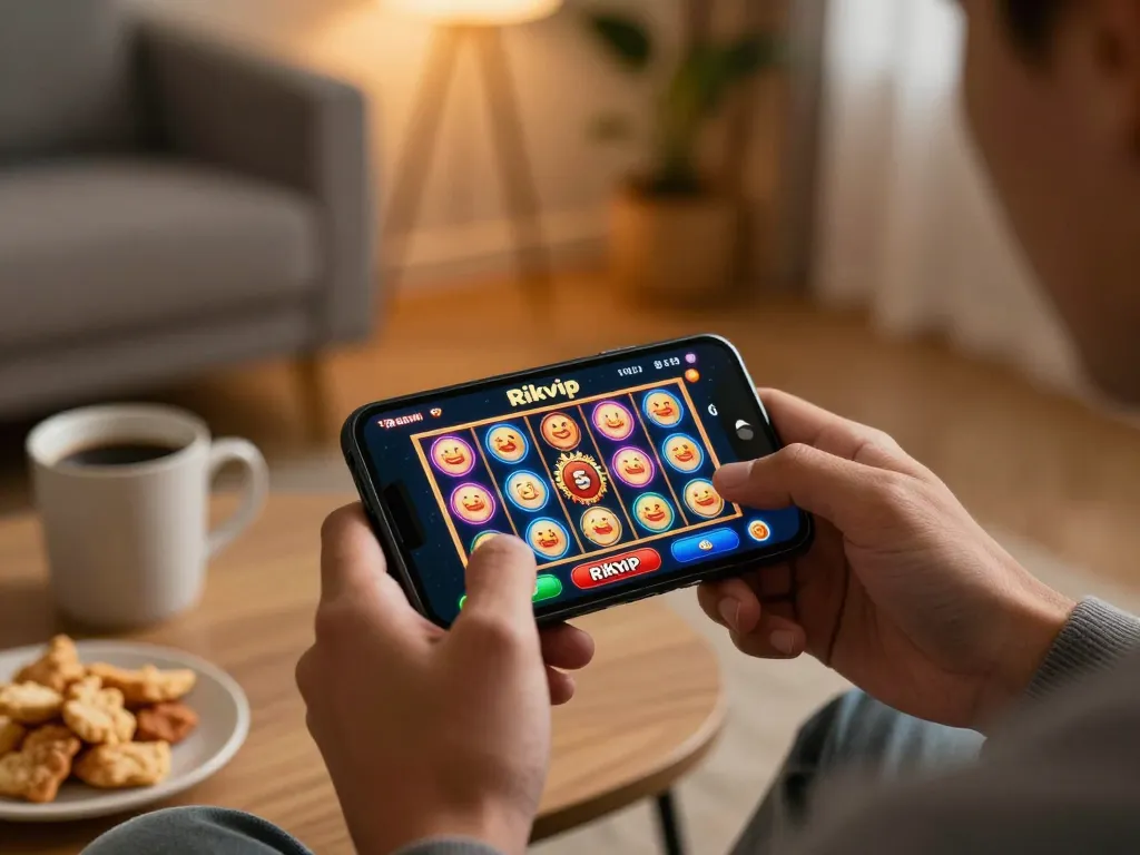 Player enjoying Rikvip mobile gaming experience on smartphone in cozy home setting.