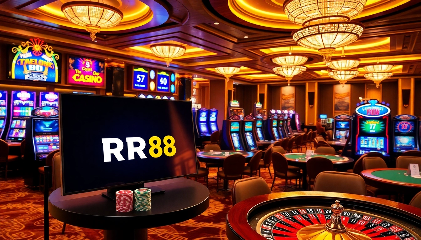 Experience thrilling gaming action at RR88, featuring poker chips and vibrant slot machines.