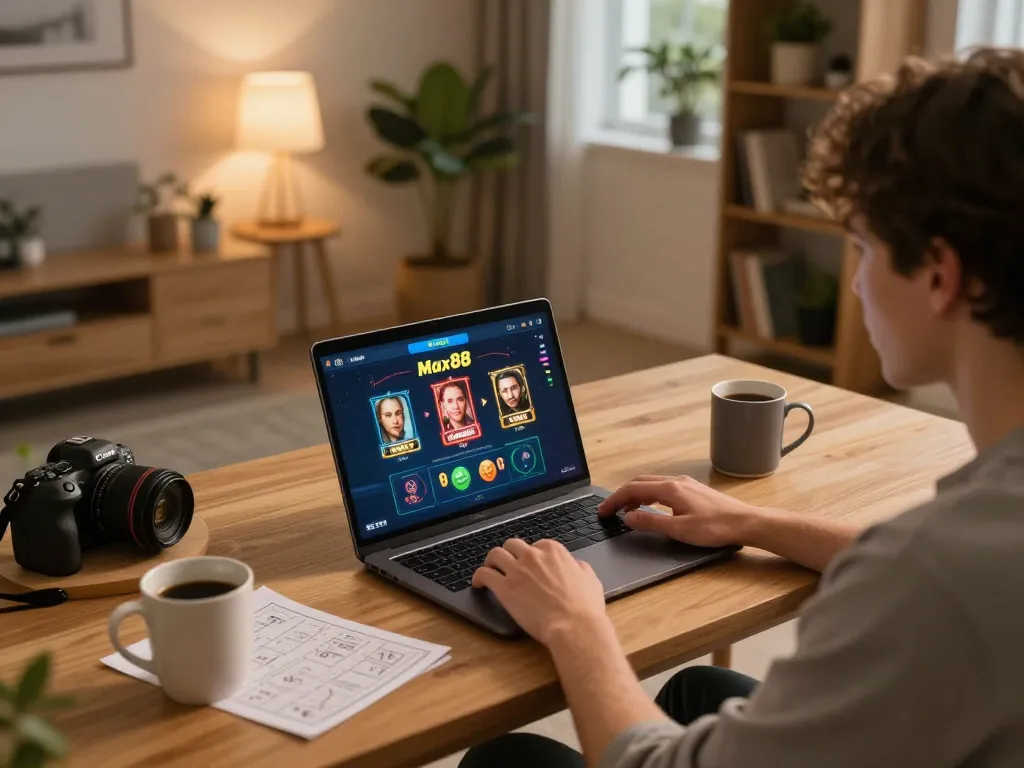 Max88 user strategizing while playing online casino on laptop in cozy home setting