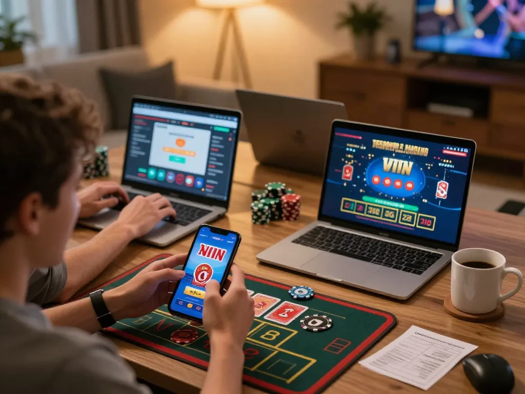 Kubet players enjoying online gaming on multiple devices in a cozy home environment