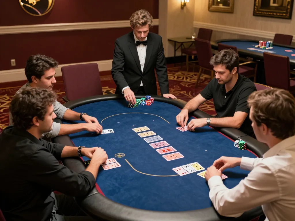Players strategizing in a high-stakes Five88 poker game at an upscale casino table.