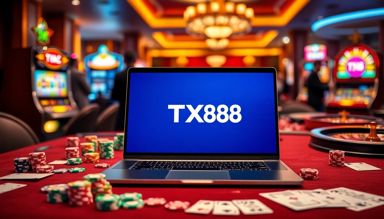TX88 online gambling platform displayed on a laptop among vibrant casino elements.