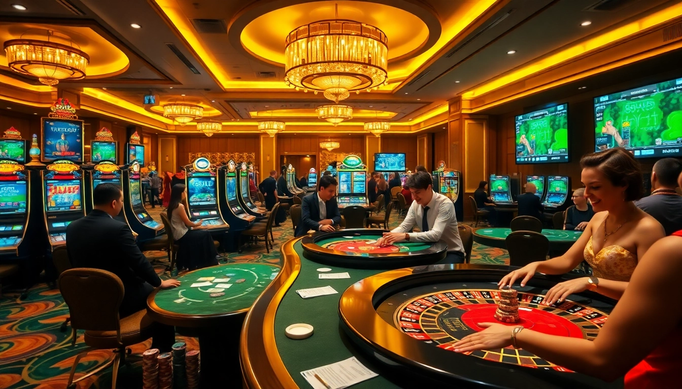 Exciting gambling scene at 88AA casino featuring vibrant slot machines and poker tables.