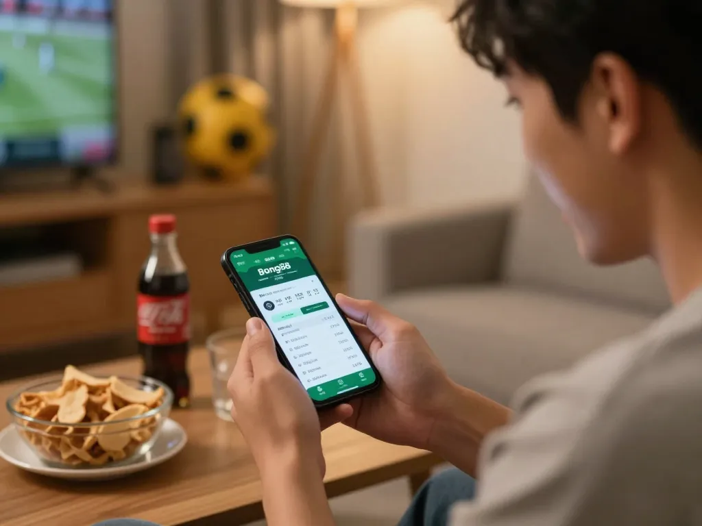Bong88 user placing bets on smartphone during an exciting sports betting session at home.