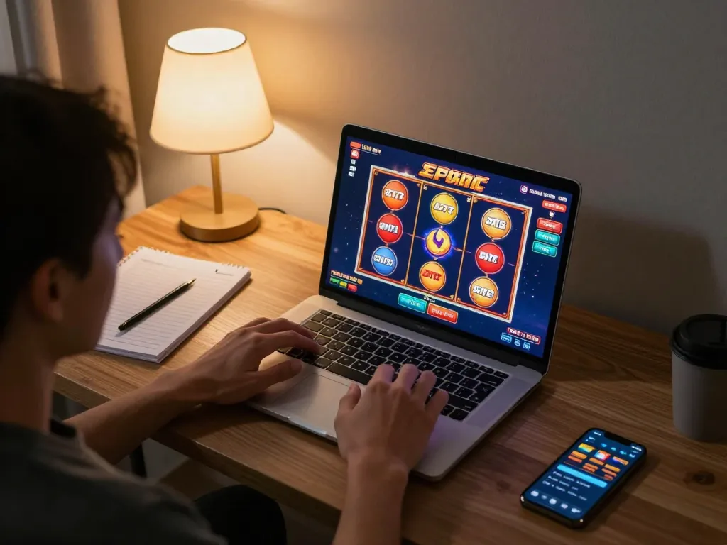 Engaging with 98win at home using a laptop for exciting online casino gameplay.
