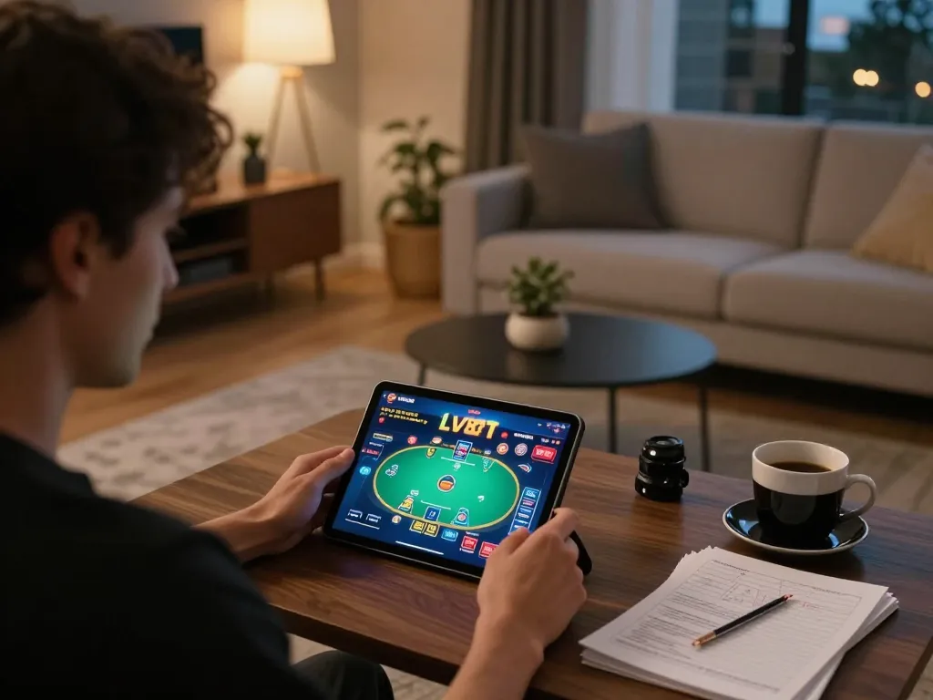 Player enjoying LV88 poker on a tablet during a cozy home gaming session