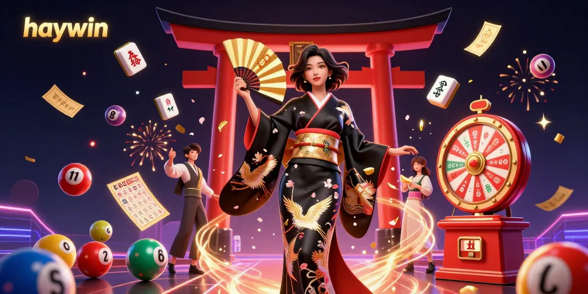 Win big with haywin as a graceful Asian woman holds a fan amidst vibrant casino elements.