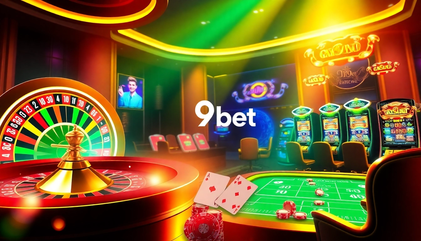 V9bet players enjoying an exciting online casino experience with roulette wheel and vibrant slot machines.