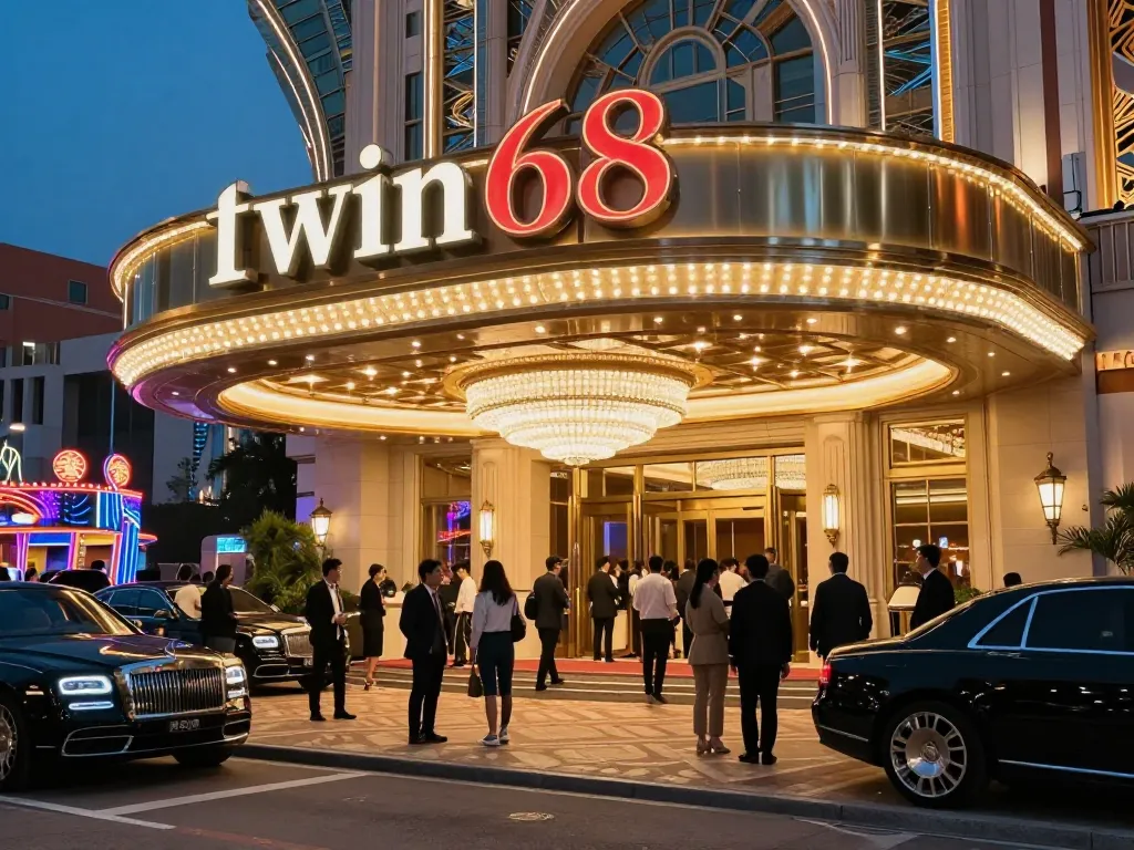 twin68 casino entrance buzzing with excitement and illuminated signage in luxury setting