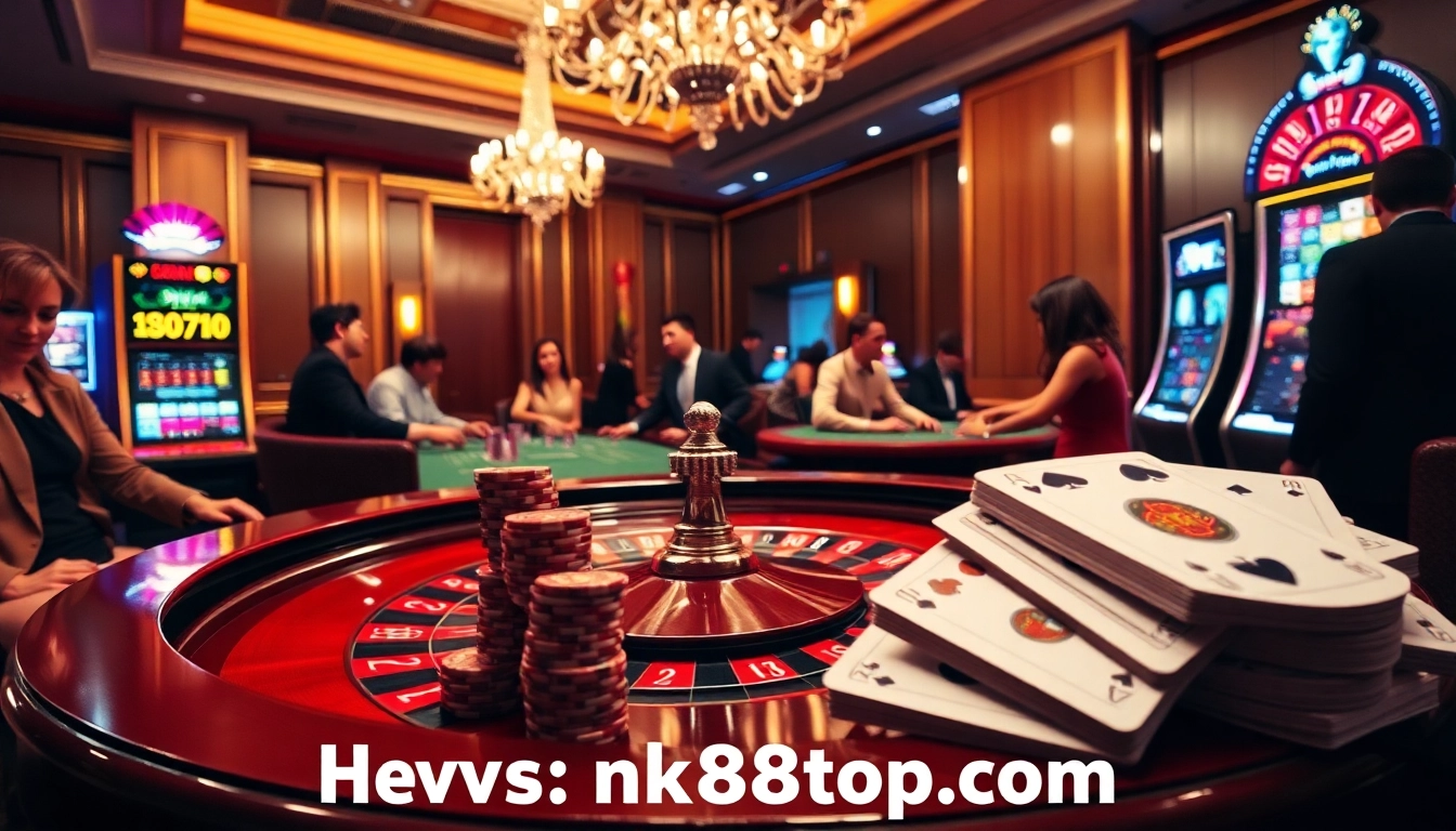 A lively casino scene showcasing gamblers engaging in exciting games at https://nk88top.com/, featuring roulette, slot machines, and poker tables.