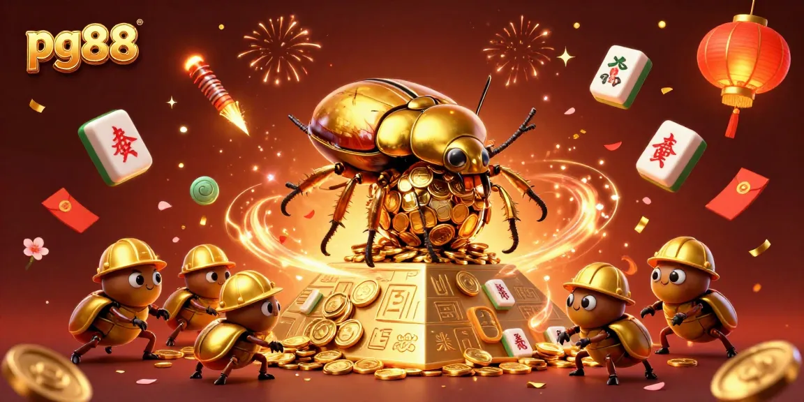Experience the excitement of pg88 with this vibrant 3D illustration showcasing golden beetles and casino symbols.