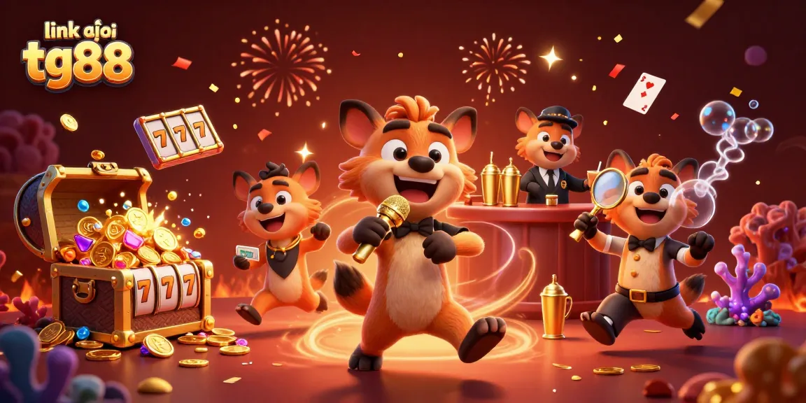 Experience the excitement of gaming with "link vào tg88," featuring hyenas in a vibrant casino scene, delivering laughter and drinks.