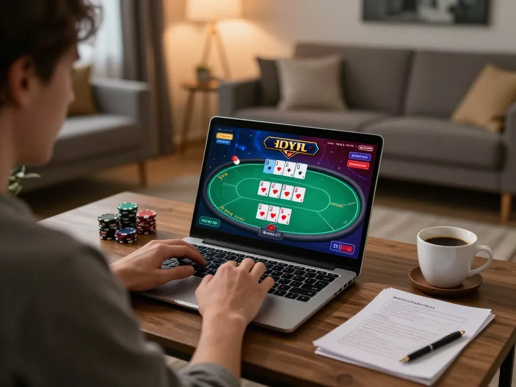 MM88 player engaging in online casino gaming at home with winning cards displayed