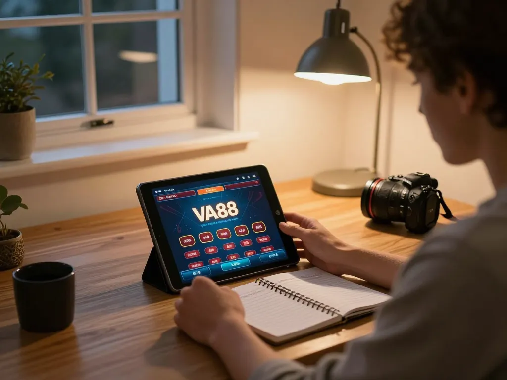 Engaging VA88 online casino gaming on a tablet with cozy home atmosphere and strategy notebook.