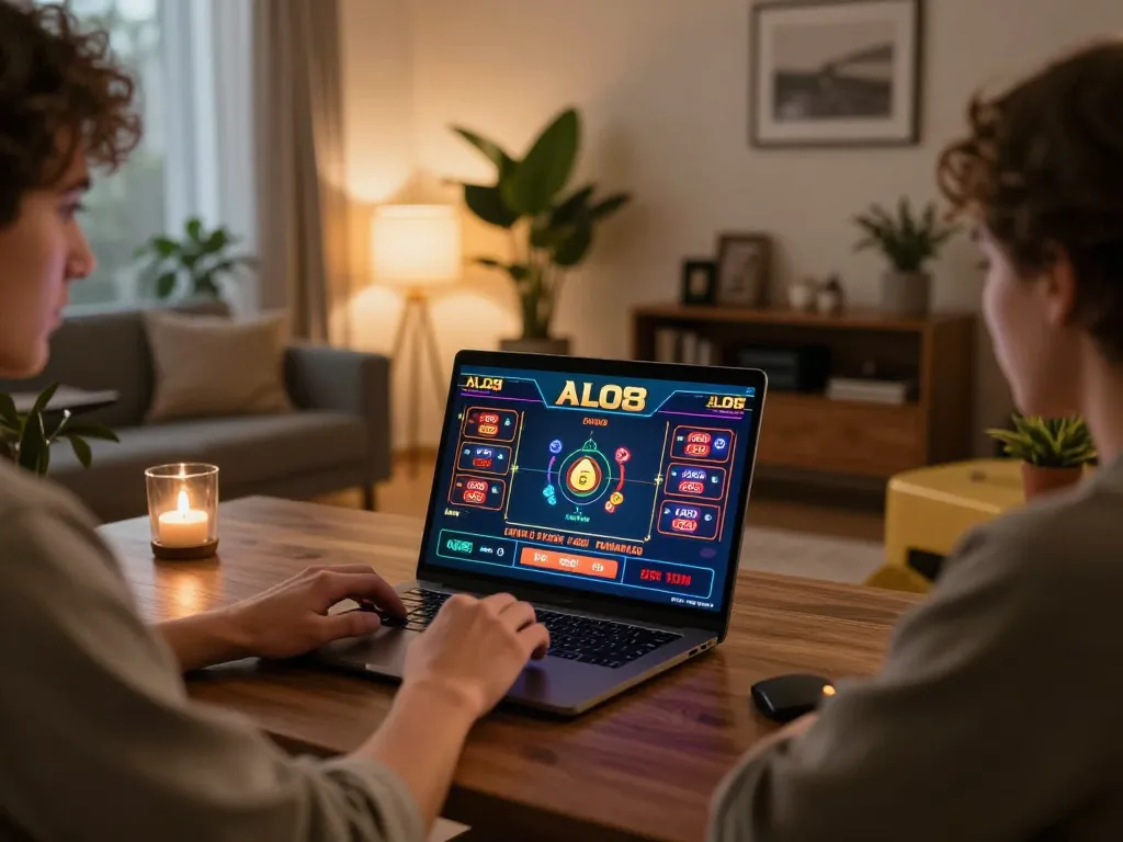 Player enjoying ALO8 online games on a laptop in a stylish home setting.