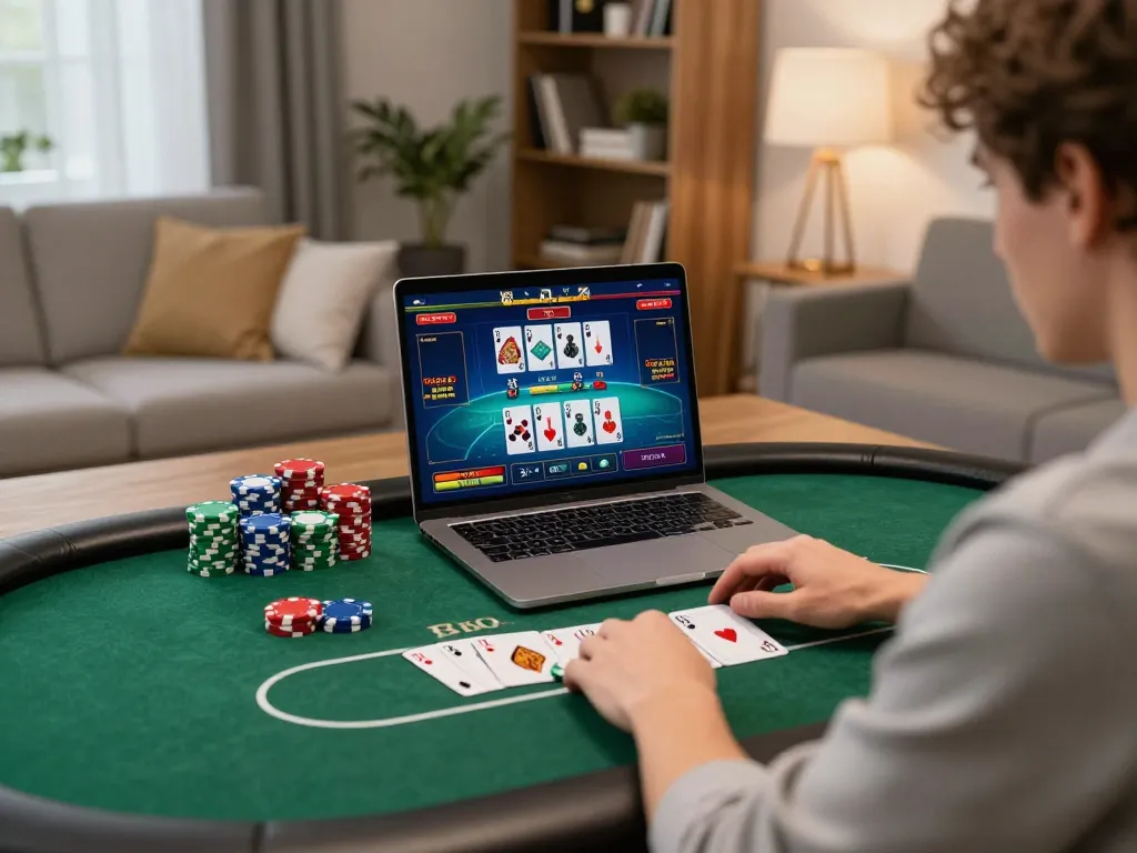 mb66 player enjoying an exhilarating online poker game on laptop in cozy home setting