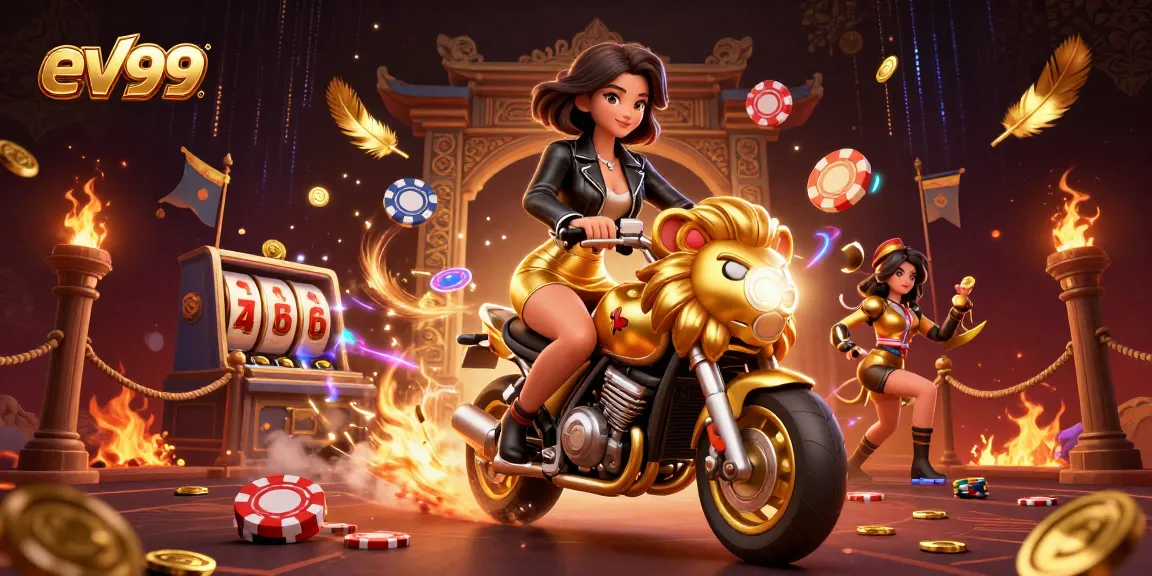 ev99 showcases a glamorous Asian woman on a golden lion mascot amid vibrant slot game elements