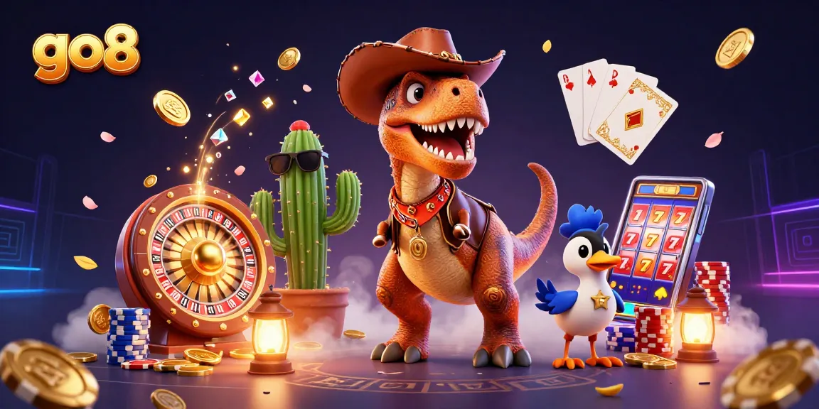 Win big with go8's online slots, showcasing vibrant 3D casino characters against a dynamic gambling backdrop.