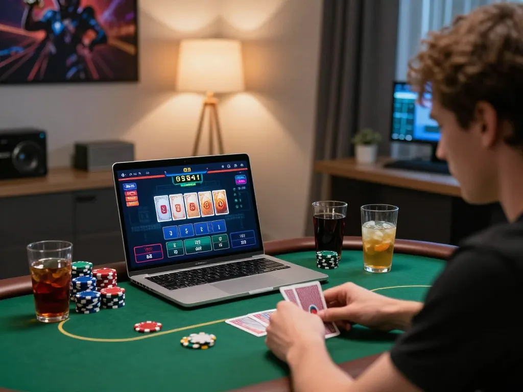 Player engaged in strategic poker session on a laptop, showcasing sunwin online gaming experience with energetic atmosphere.