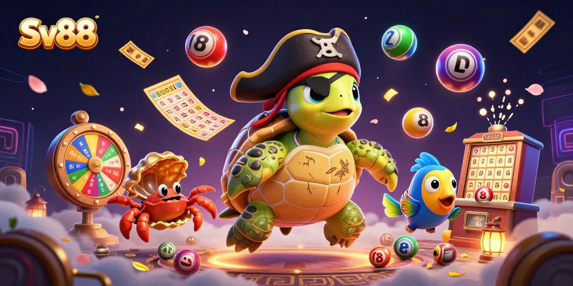 Engage with Sv88 in this vibrant 3D illustration of a pirate turtle surrounded by colorful lottery elements.