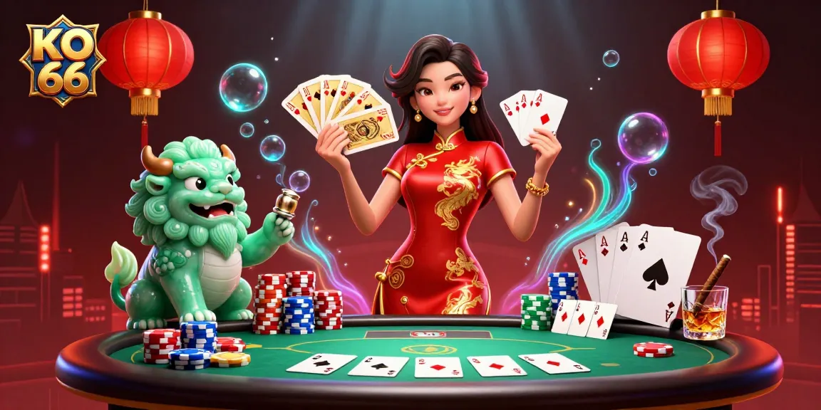 Engage with KO 66 in this vibrant poker scene featuring an elegant woman, poker elements, and rich decorations.