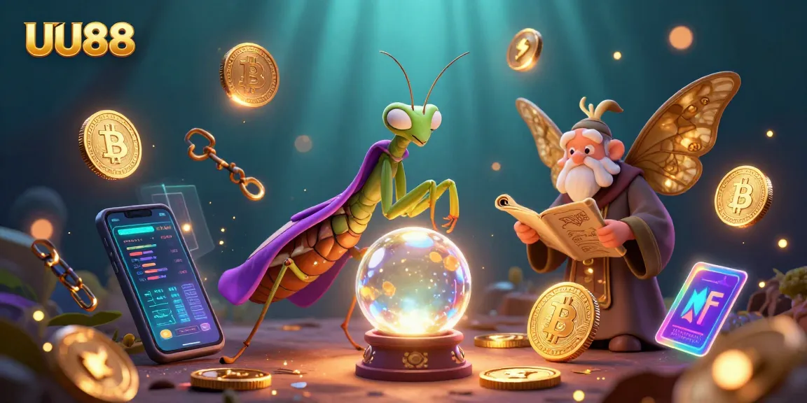 Engage with UU88's dynamic casino world through a mystical fortune teller and glowing crypto elements.