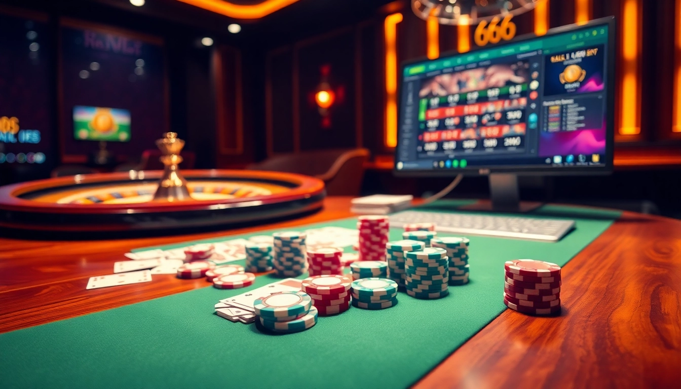 s666 players excitedly engaging at a luxurious casino table with poker chips and cards.