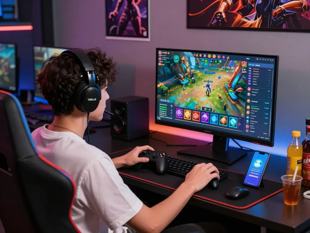User enjoying tai 789club online gaming experience with accessories and vibrant graphics