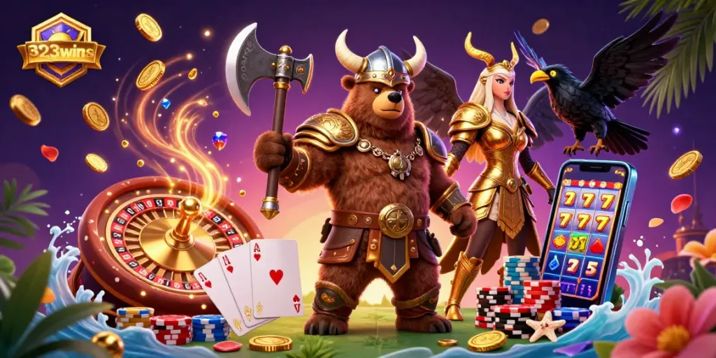 Experience the excitement of 323wins in this immersive 3D casino scene with dynamic elements and vibrant characters.