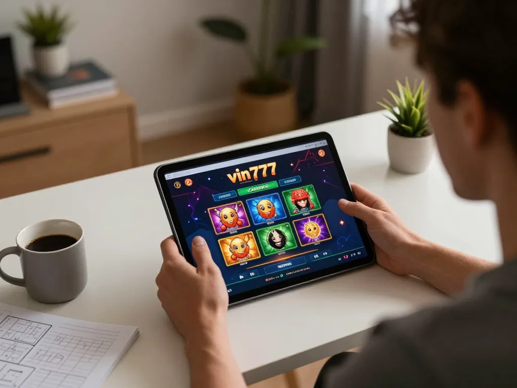 Engaging with the vin777 casino interface on a tablet in a cozy home gaming setup.