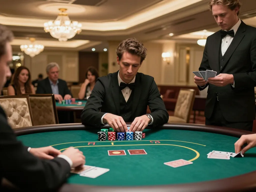 79king player strategizing at an upscale poker table with professional dealer overseeing