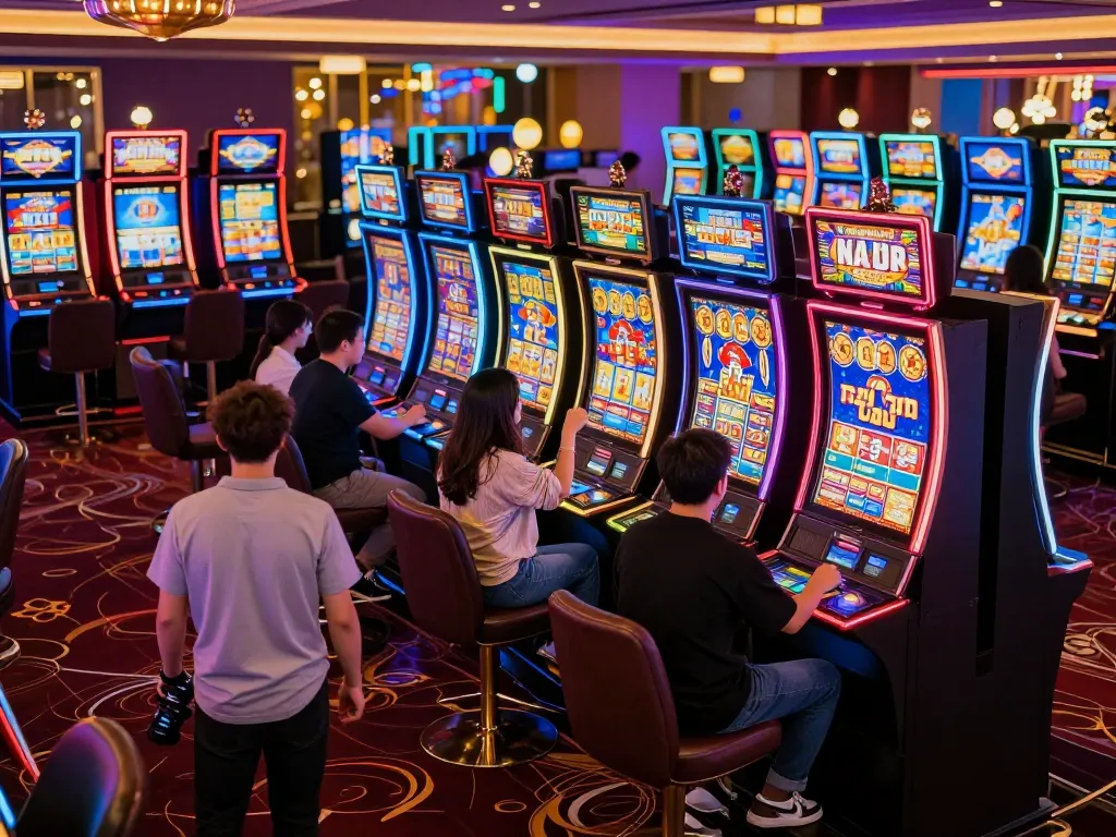 Players celebrating wins on nổ hũ slot machines, highlighting vibrant casino atmosphere and excitement.