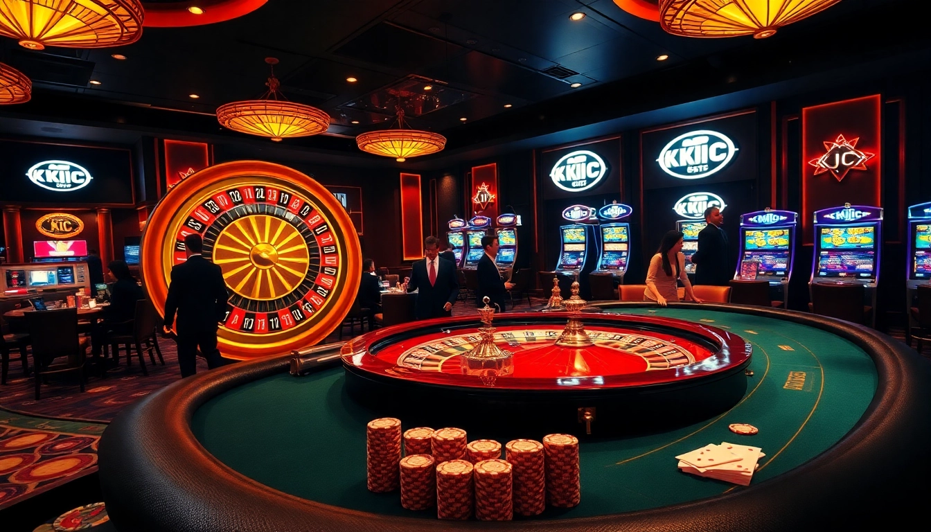 KJC casino scene featuring elegant poker tables and vibrant roulette wheels for an immersive gambling experience.
