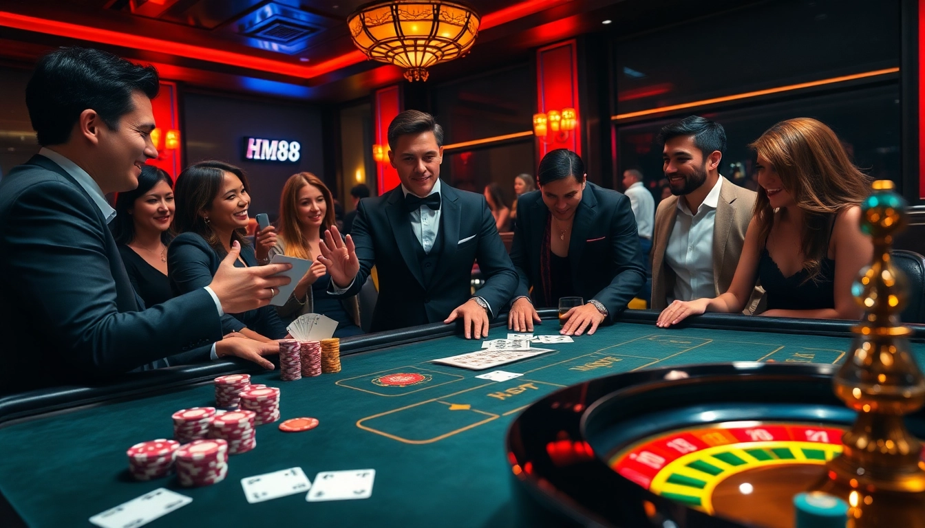 Exciting gameplay scene of HM88 bet with stylish poker setup, vibrant ambiance, and engaged players.