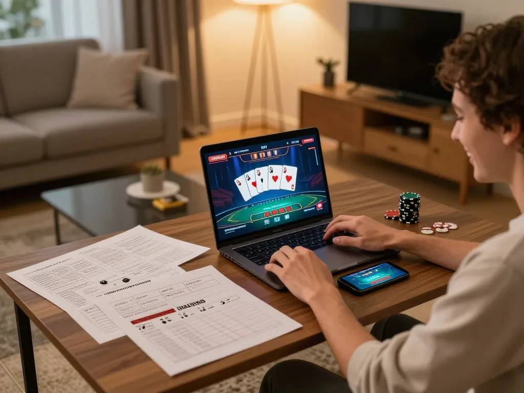 Person enjoying live poker gameplay on HELLO88, with notes and smartphone beside in cozy room.