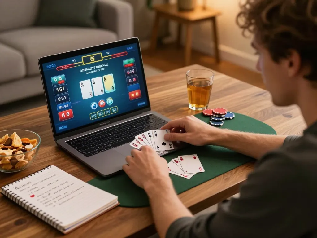 Engaged player strategizing and betting at https://bet88.company/ online poker table using laptop